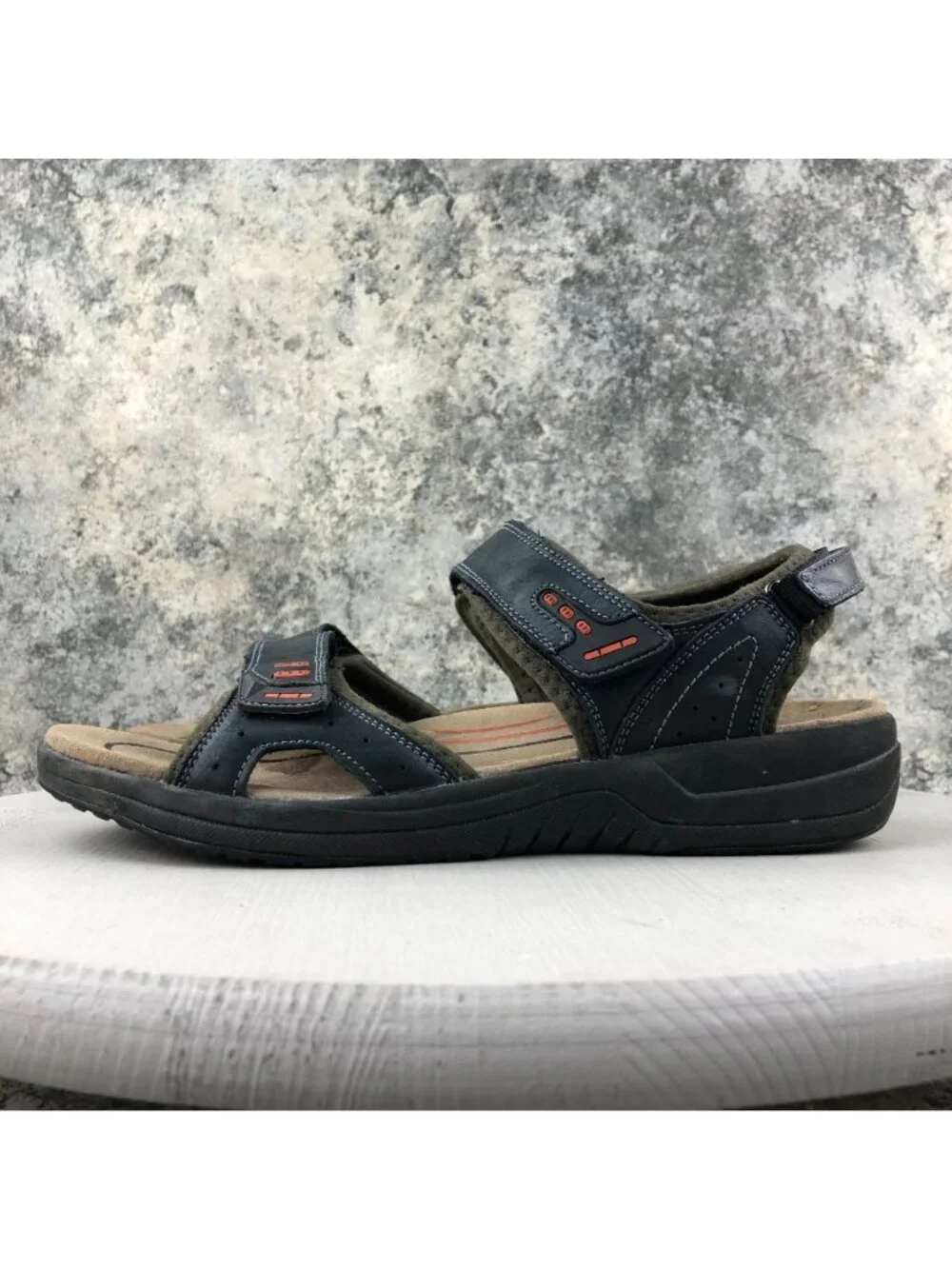 OrthoFeet Men's Size 10D Cambria Black Leather Open Toe Hook & Loop 561 Sandals